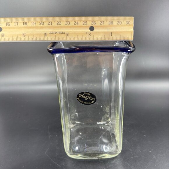 Krosno Jozefina Hand Blown Glass Vase Made In Poland Clear Cobalt Blue Edges VTG - Picture 5 of 16